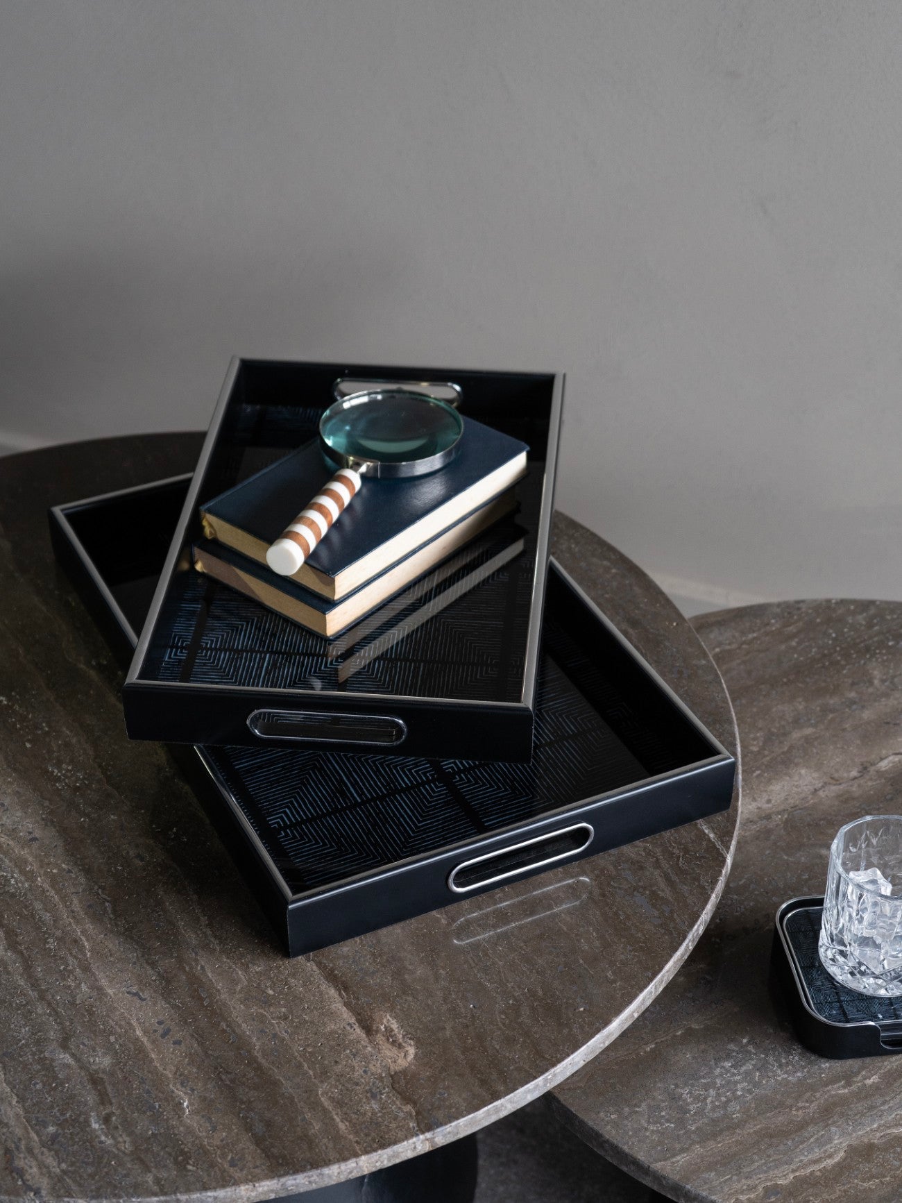 Set of 2 Midnight Black Squares Pattern Trays